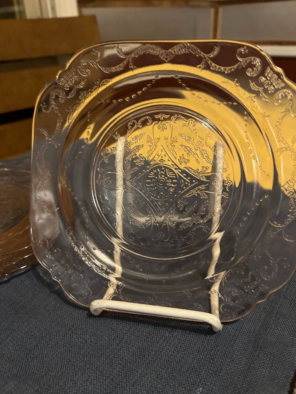 Vintage pink depression glass square plate in the Madrid pattern by Federal Glas